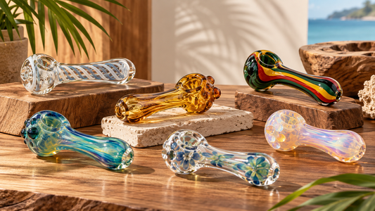 Colorful handcrafted glass spoon pipes displayed on warm wood