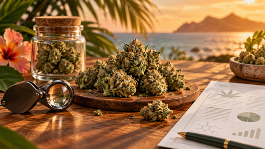 High-quality THCA flower buds with magnifier and lab report in a tropical setting