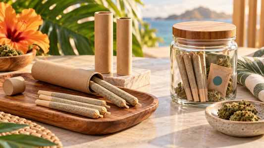 Premium pre-rolls, storage jar, and humidity pack on a tropical tabletop