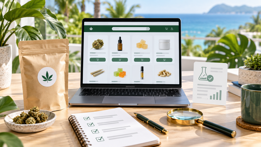 Laptop, checklist, and lab testing symbols for shopping at an online dispensary