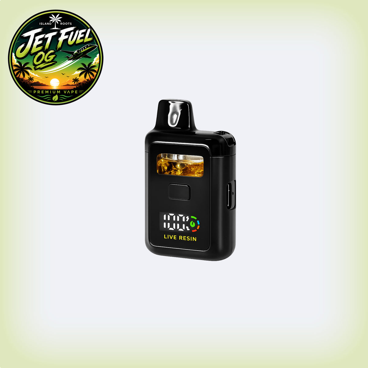 A black Jet Fuel QG vape device with a clear window showing amber-colored resin, displayed on a light green gradient background with a Jet Fuel QG logo in the top-left corner.