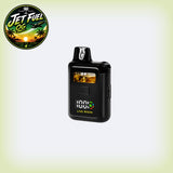 A black Jet Fuel QG vape device with a clear window showing amber-colored resin, displayed on a light green gradient background with a Jet Fuel QG logo in the top-left corner.