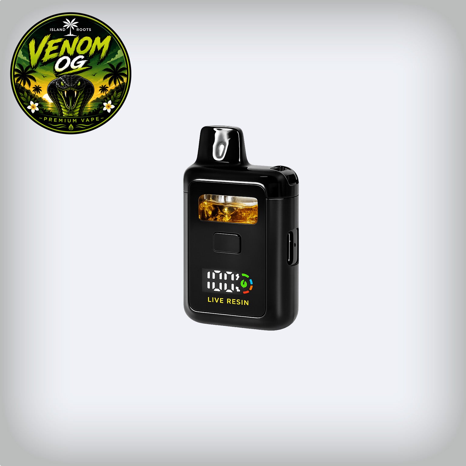 A Venom OG Live Resin vape device in black with a clear window showing amber-colored resin, set against a light gray gradient background with a Venom OG brand logo in the top-left corner.
