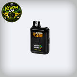 A Venom OG Live Resin vape device in black with a clear window showing amber-colored resin, set against a light gray gradient background with a Venom OG brand logo in the top-left corner.